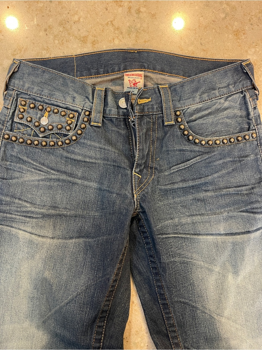 True Religion Men's Bootcut Jeans in Washed Blue with Stud Detail